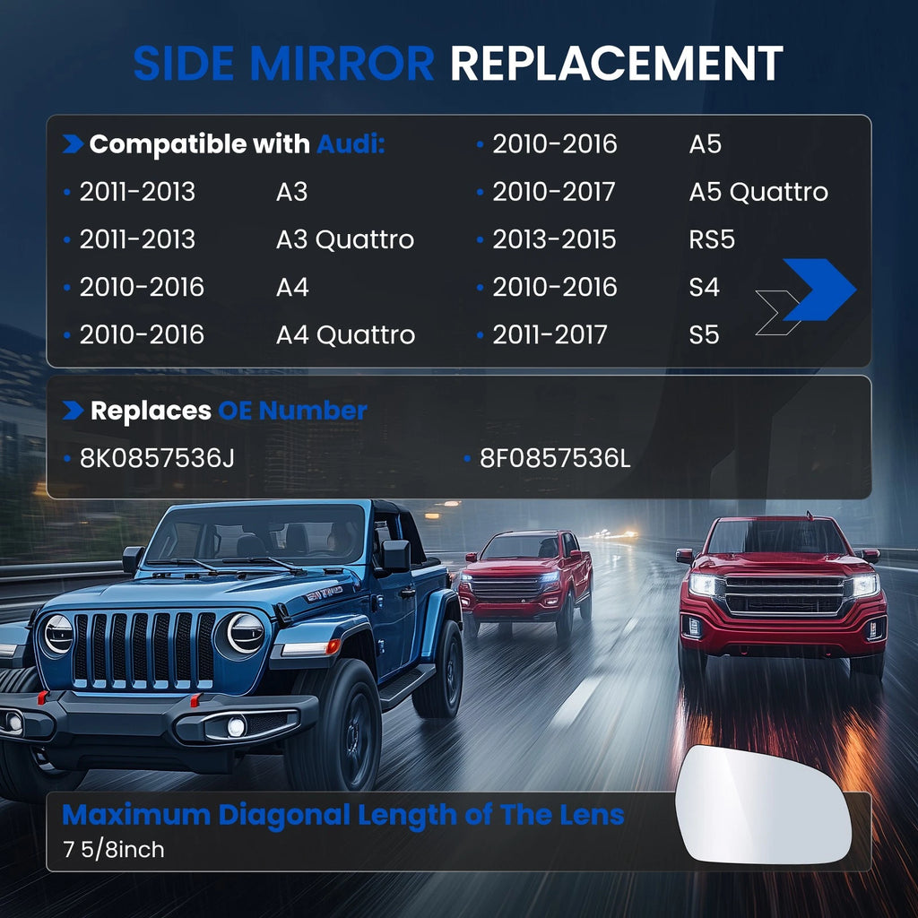 Convex Mirror Glass Passenger Right Side for 2010-2016 Audi S4 (2010–2016)