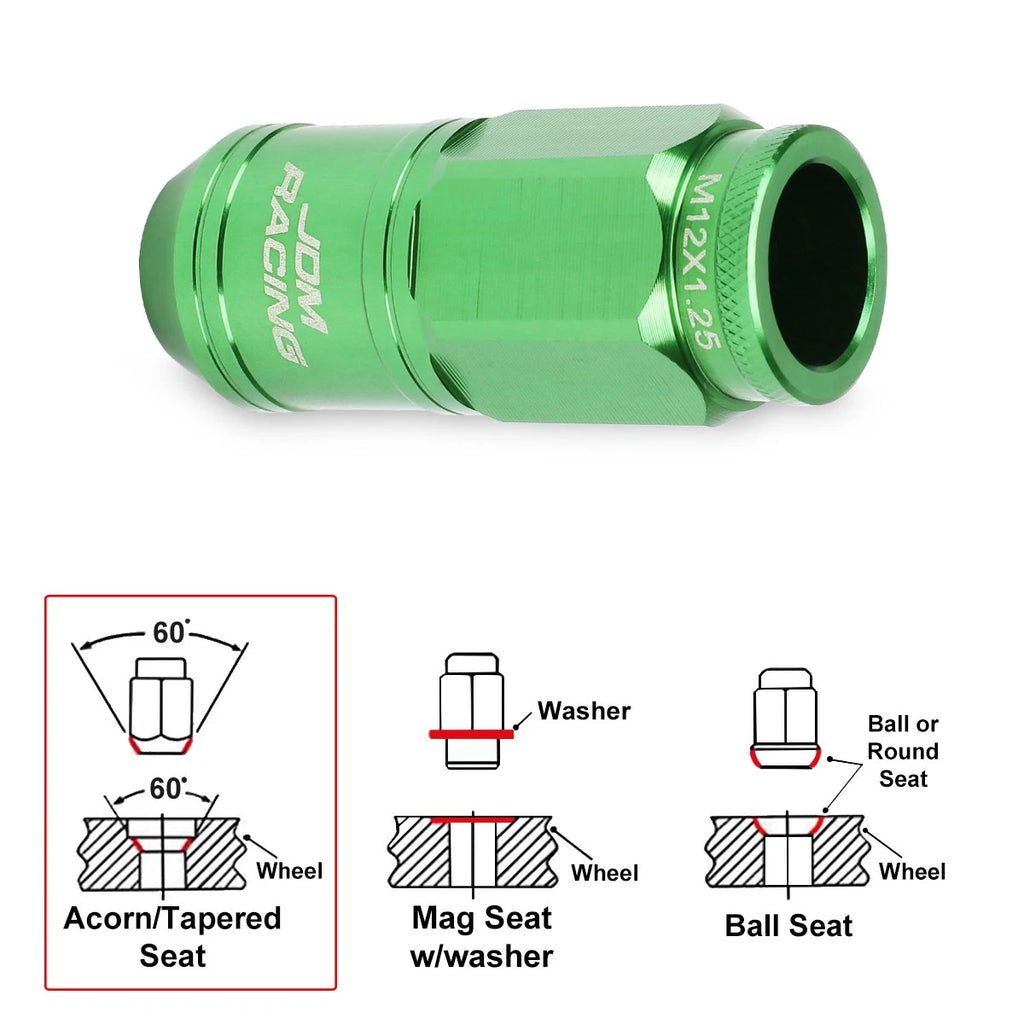 20Pc M12X1.25 Green JDM Open End Cone Wheel Lug Nuts + Spline Locks + Key