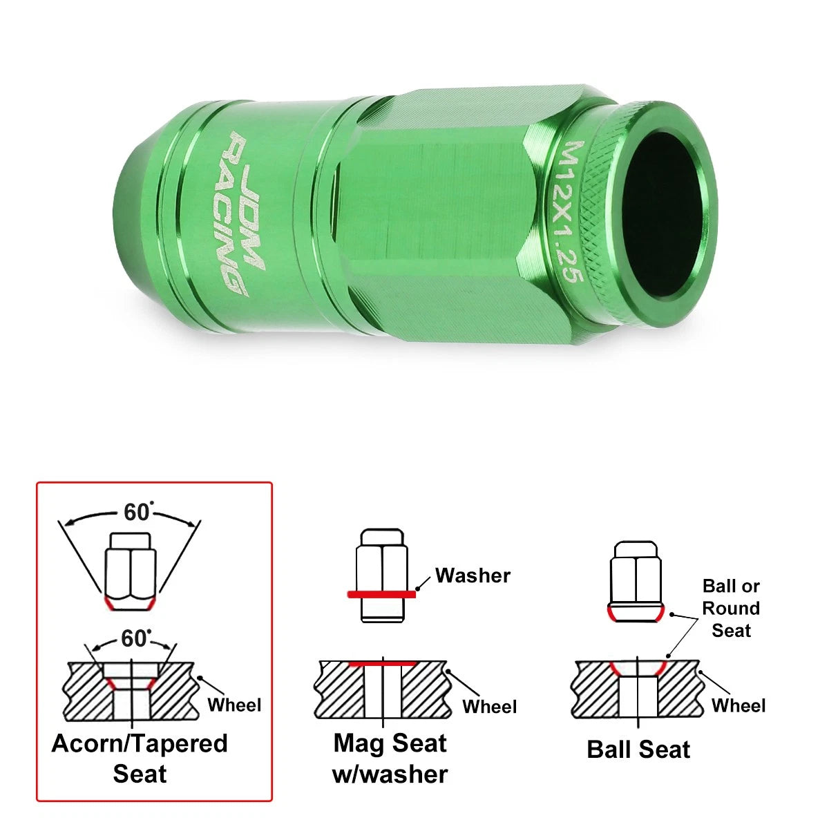 20Pc M12X1.25 Green JDM Open End Cone Wheel Lug Nuts + Spline Locks + Key