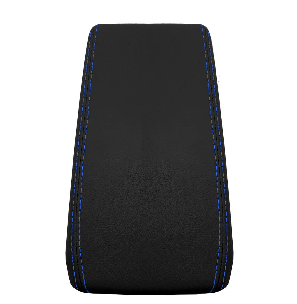 Console Lid Armrest Cover for Subaru Forester XT (2003–2008) Carbon Fiber Blue Stitch
