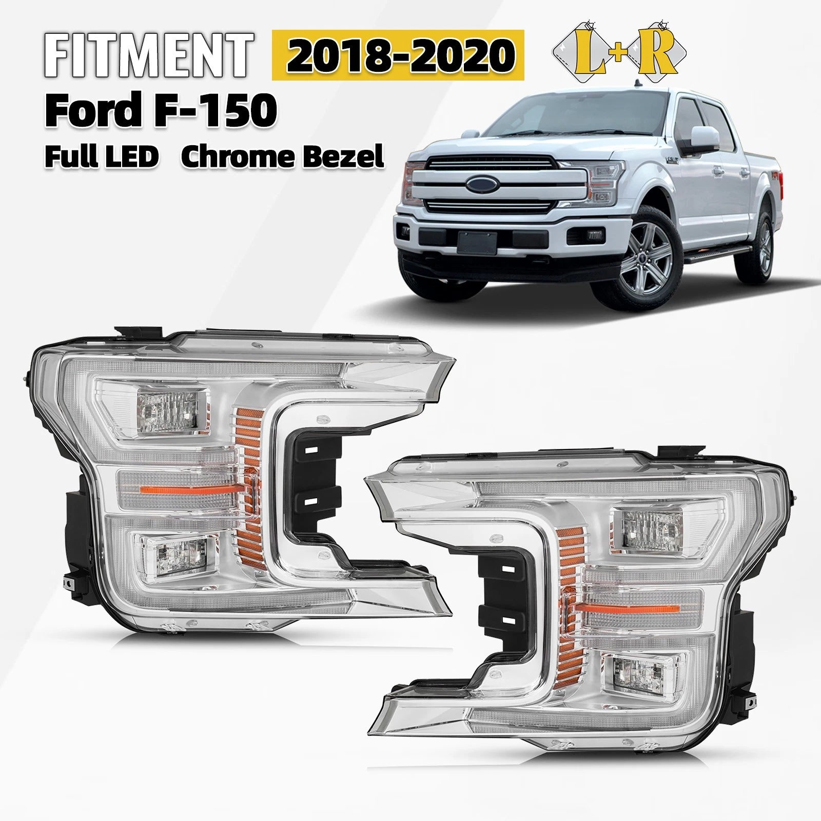 Full LED Headlight Set for Ford F-150 (2018–2020) w/Chrome Bezel