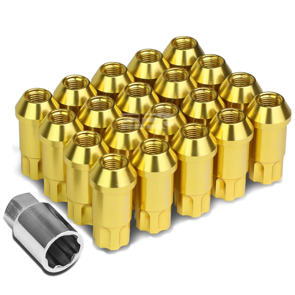 20 PCS Open End M12x1.25 50mm Tall Gold Aluminum Lug Nuts + Lock Key