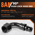 8AN to 1/2" Barb 90 Degree Push Lock Hose End Fitting (2000PSI)