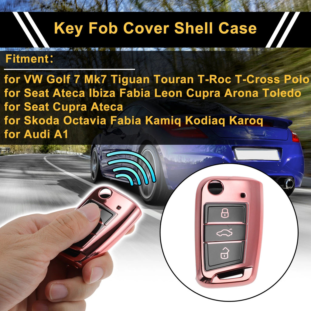 Pink TPU Silicone Key Case for VW Golf 7 Mk7, Tiguan, Touran, T-Roc (2013–2023)
