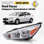 Halogen Headlight Assembly Chrome w/LED DRL Left for Ford Focus (2015–2018)