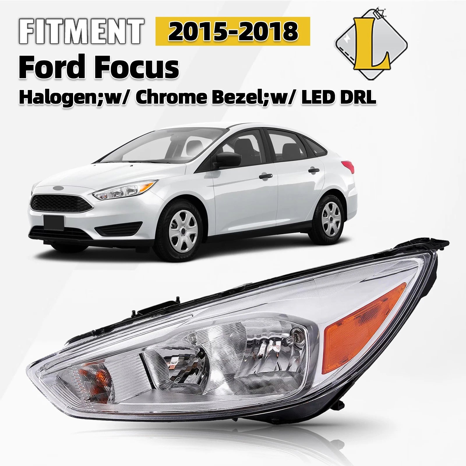 Halogen Headlight Assembly Chrome w/LED DRL Left for Ford Focus (2015–2018)