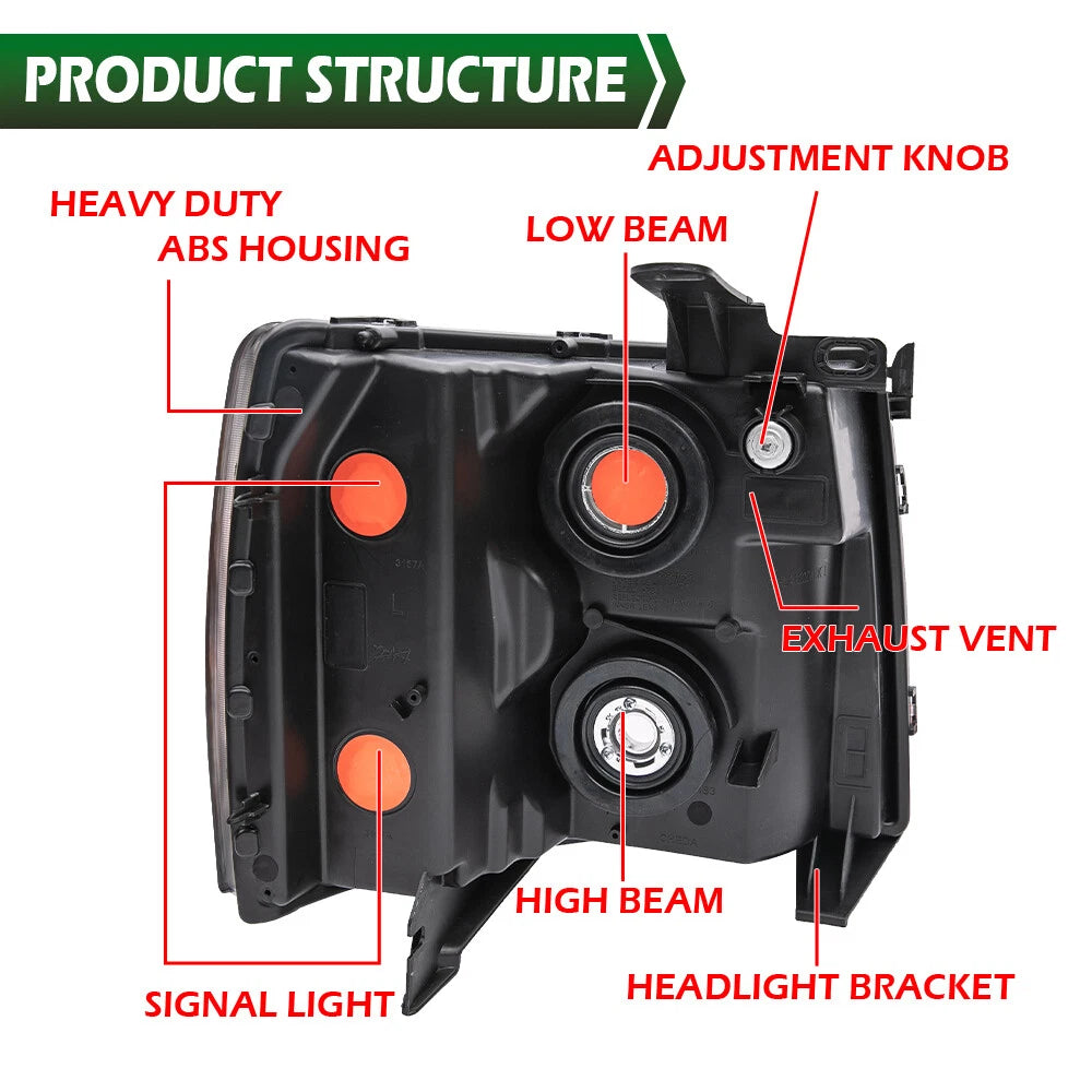 Set of 2 Black Housing Headlights for Chevy Silverado 1500 2500 HD