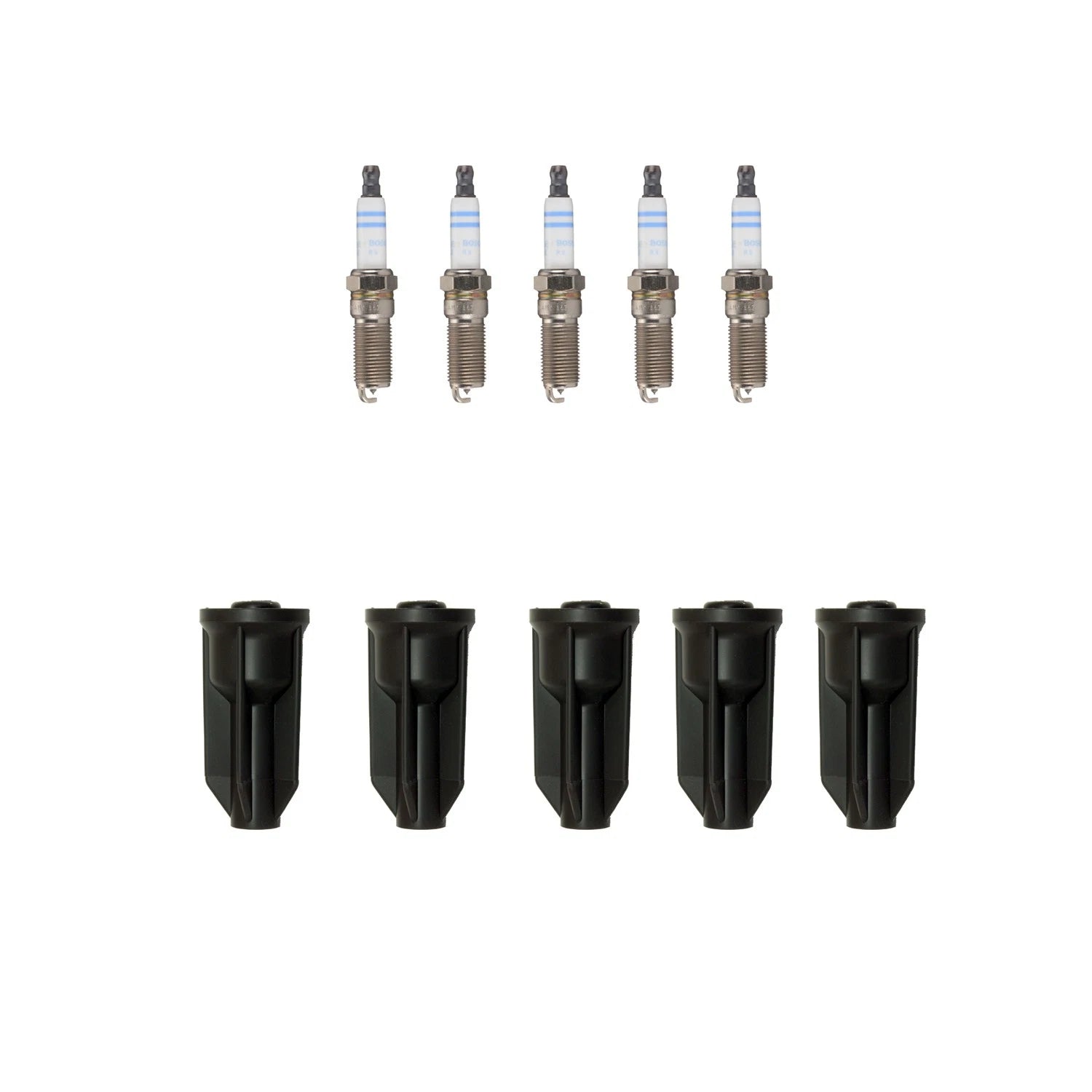 Set of 5 Bosch Double Iridium Spark Plugs & NGK Coil Boots for Canyon Colorado H3 (2004–2012)