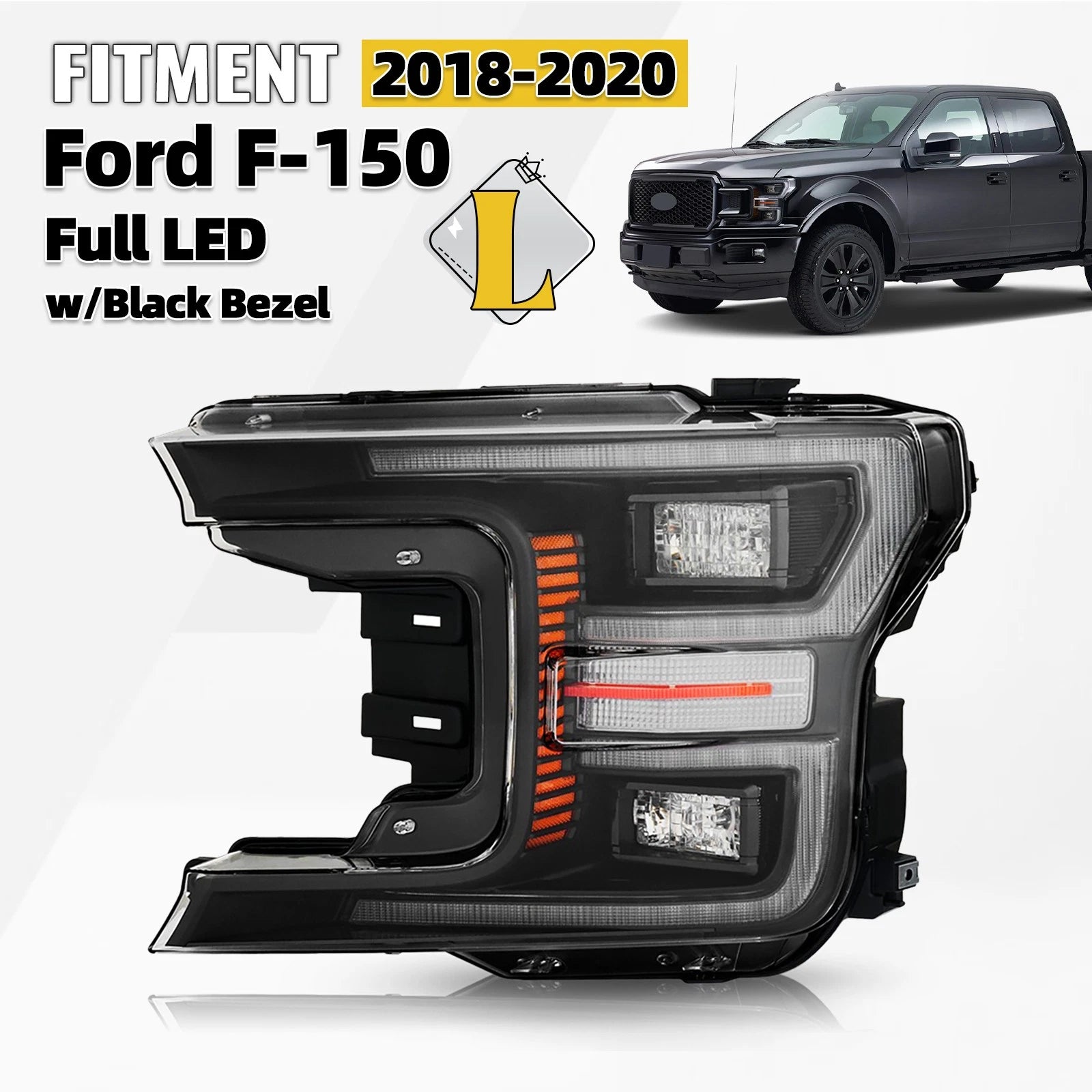 Full LED Headlight for Ford F-150 (2018–2020) w/Black Bezel & Module