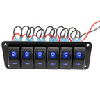 6 Gang Rocker Switch Panel for Universal Vehicles (12-24V) - Blue LED, IP65