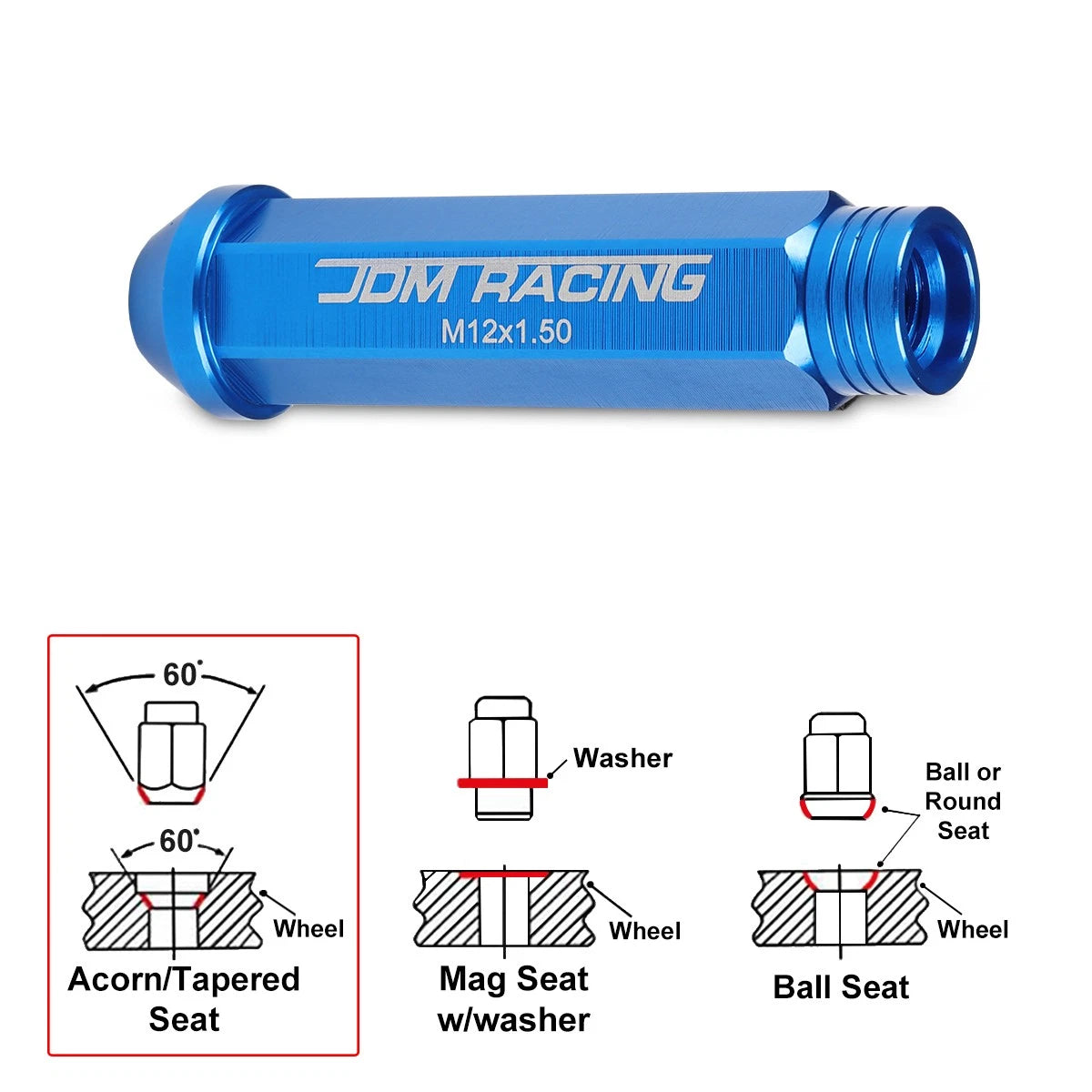 20Pc M12X1.5 Blue JDM Open End Conical Wheel Lug Nuts + Extension 25mmx90mm