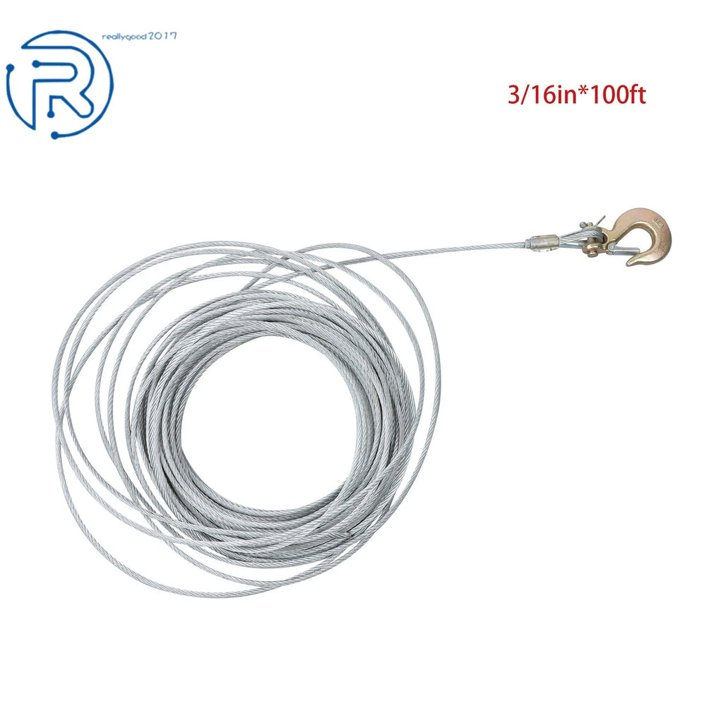 Winch Cable 3/16" × 100Ft Galvanized Steel with 1/4" G70 Slip Hook