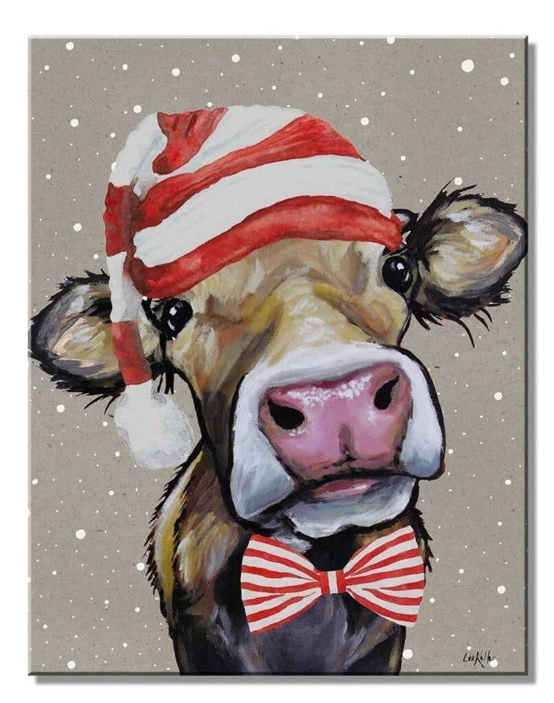 Hazel The Cow Christmas Santa Stocking Cap 16" Tin Metal Sign 9312