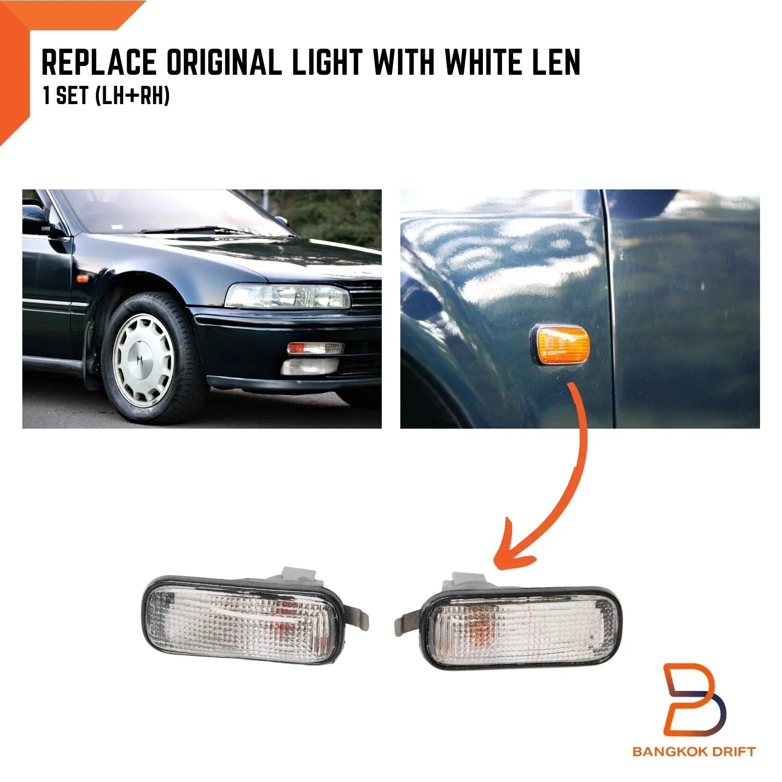 LH+RH Clear Lens Side Marker Turn Signal Lights for Honda Accord (1992-1995)