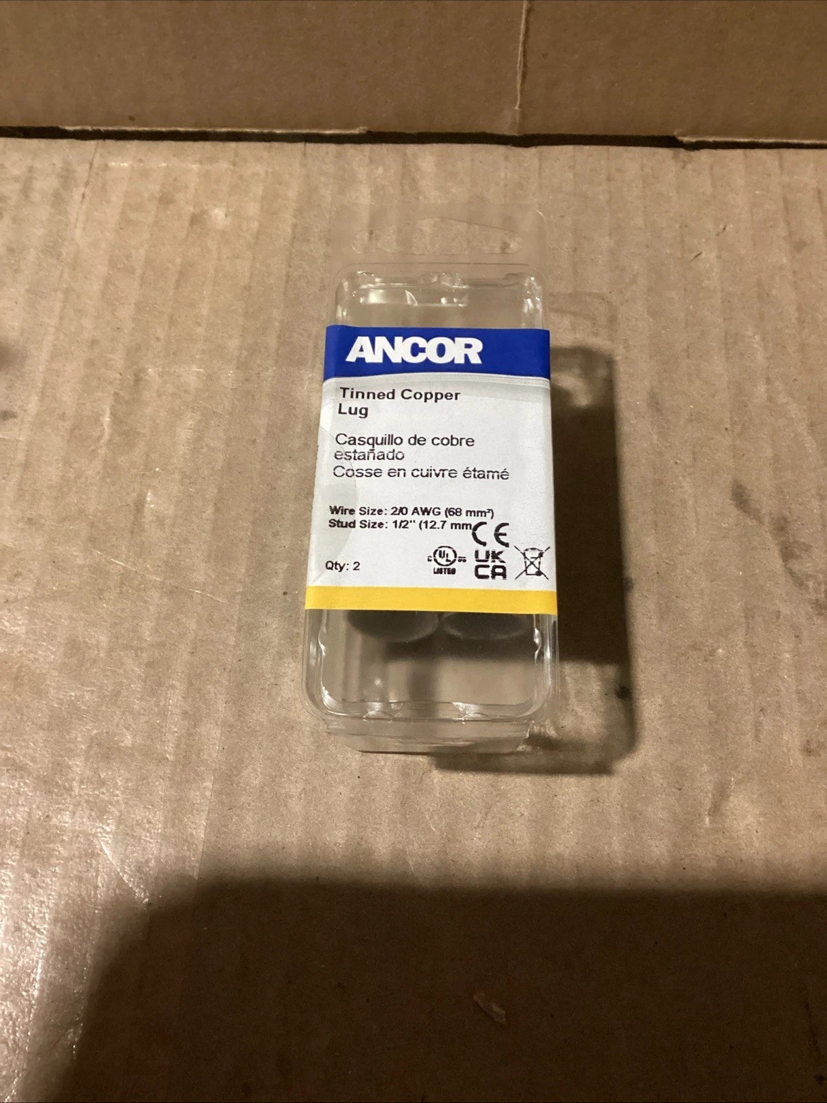 Set of 2 Tinned Copper Lugs 2/0 AWG 1/2" Stud for Ancor 252297