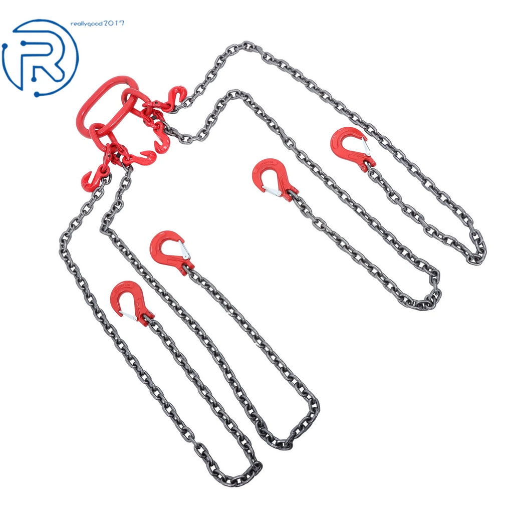 5/16" × 5' G80 Chain Sling 4 Legs 11000 lbs with Grab Hooks Red