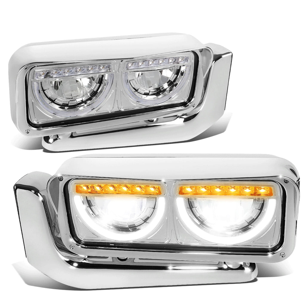 LED Halo Ring DRL Turn Signal Headlights Chrome for Peterbilt 359 379 389 (1981–2021)