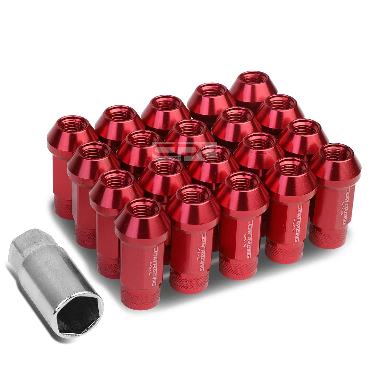 20x Open End M12x1.5 50mm Tall Red Aluminum Lug Nuts + Adapter
