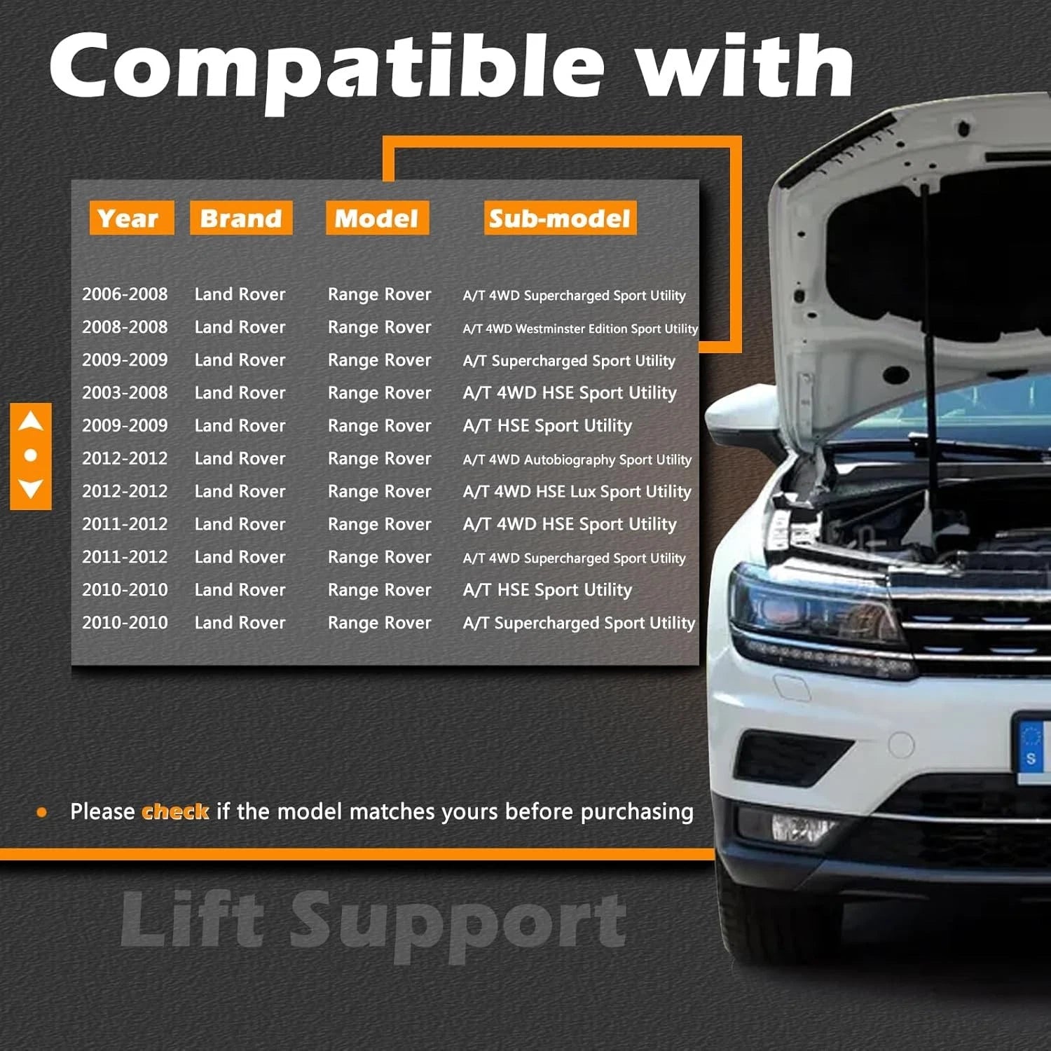 Pair Rear Tailgate Lift Supports for Land Rover Range Rover (2003-2012)