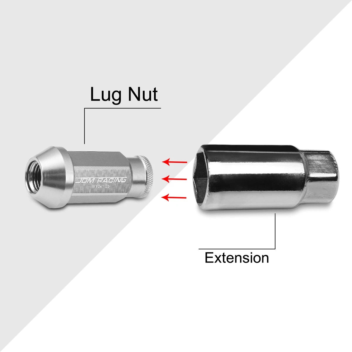 20Pc M12X1.25 Silver JDM Open-End Acorn Hex Wheel Lug Nuts + Extension 25mmx50mm