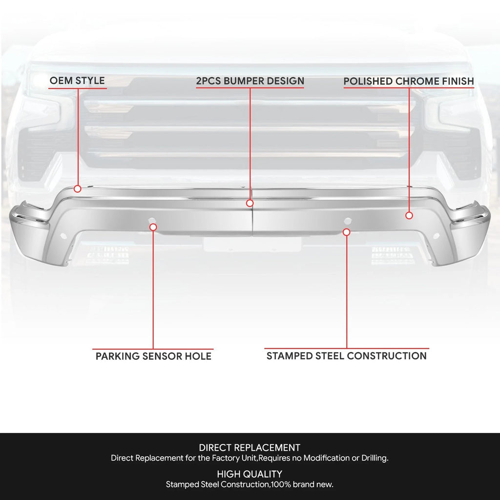 Chrome Front Bumper Face Bar for Chevrolet Silverado (2022–2024) w/Park Sensor Holes