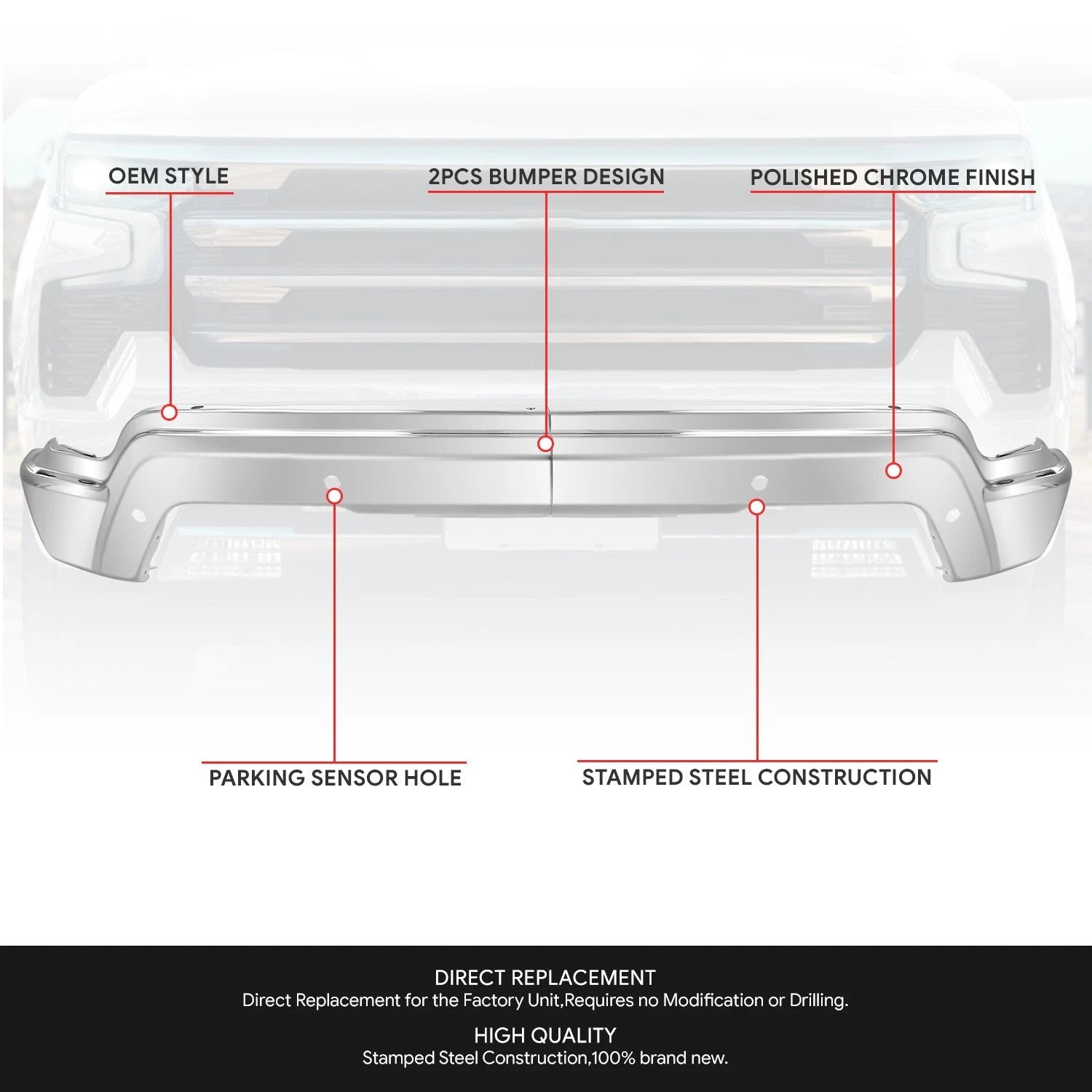 Chrome Front Bumper Face Bar for Chevrolet Silverado (2022–2024) w/Park Sensor Holes