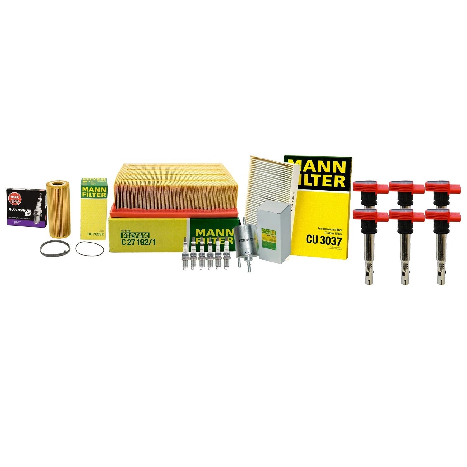 Tune-Up Kit: 6 Mann Filters, 6 Denso Coils, 6 NGK Ruthenium HX for Audi A4
