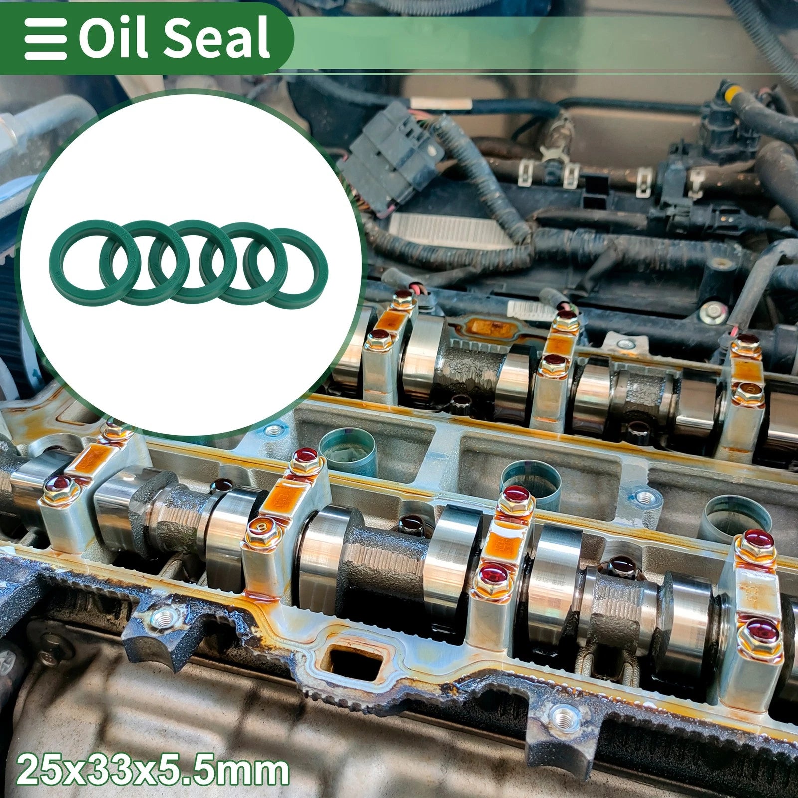 Set of 5 Oil Seal Rotary Shaft Seal 25x33x5.5mm High Pressure Green