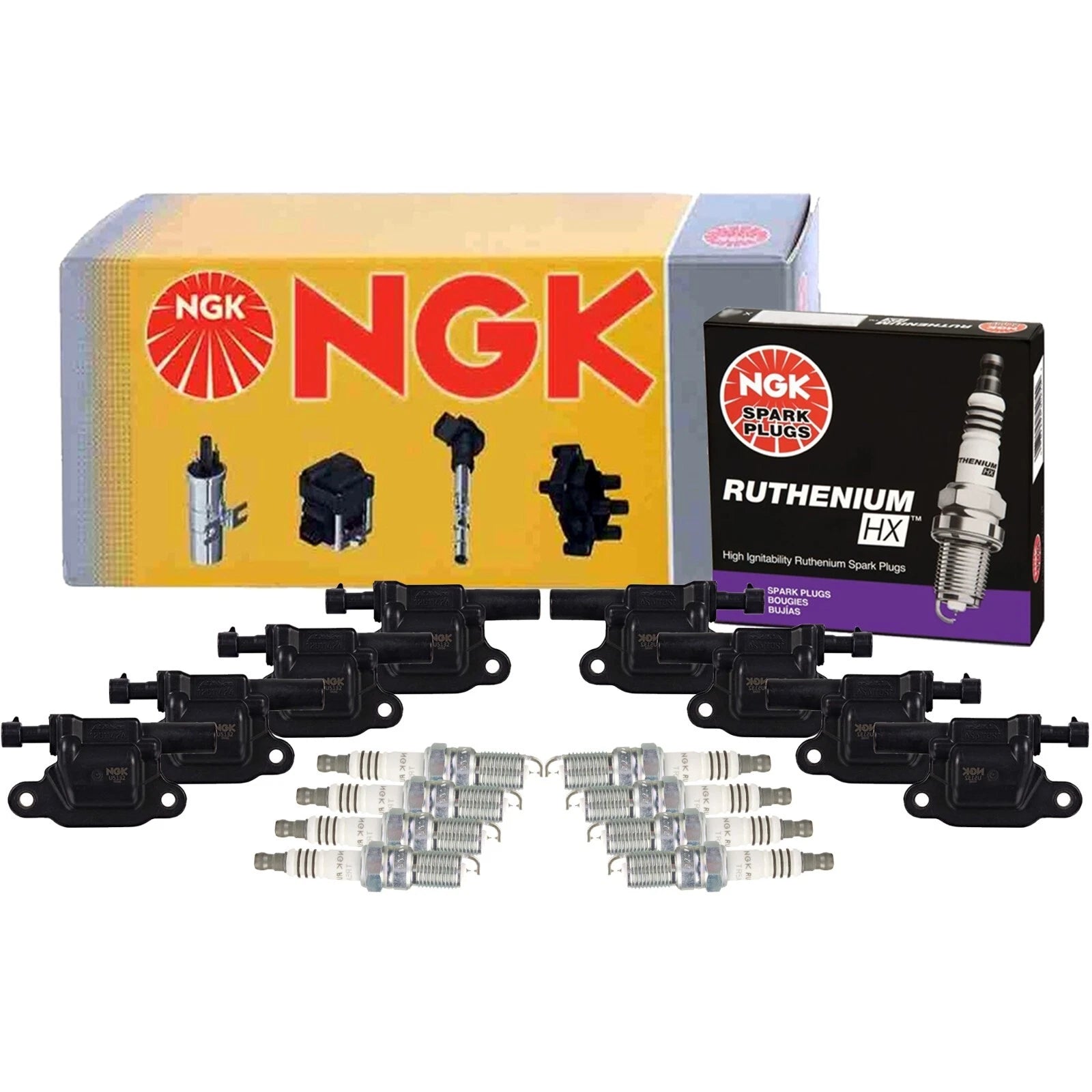 Set of 8 NGK Ignition Coils & Ruthenium HX Spark Plugs for Cadillac Chevy GMC