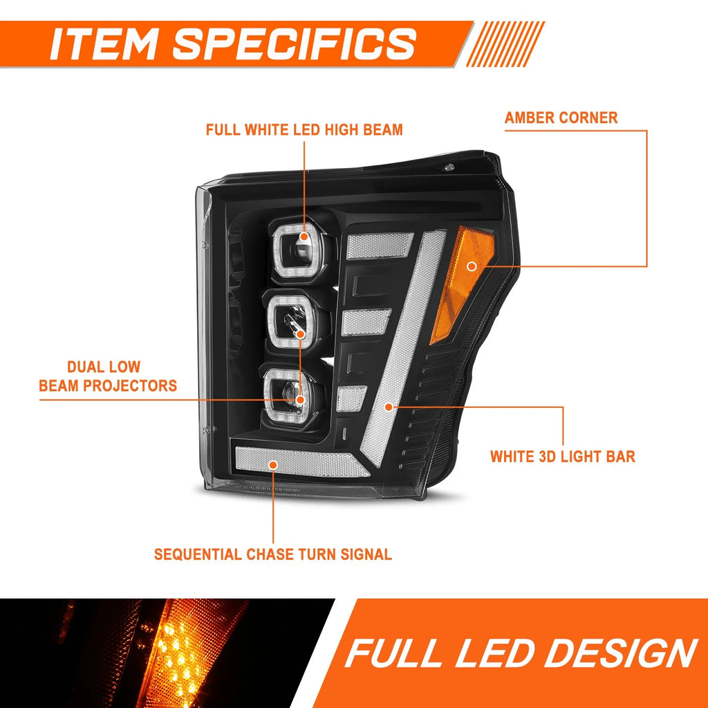 Sequential LED DRL Projector Headlight for Ford F250-F450 Super Duty (2011–2016)