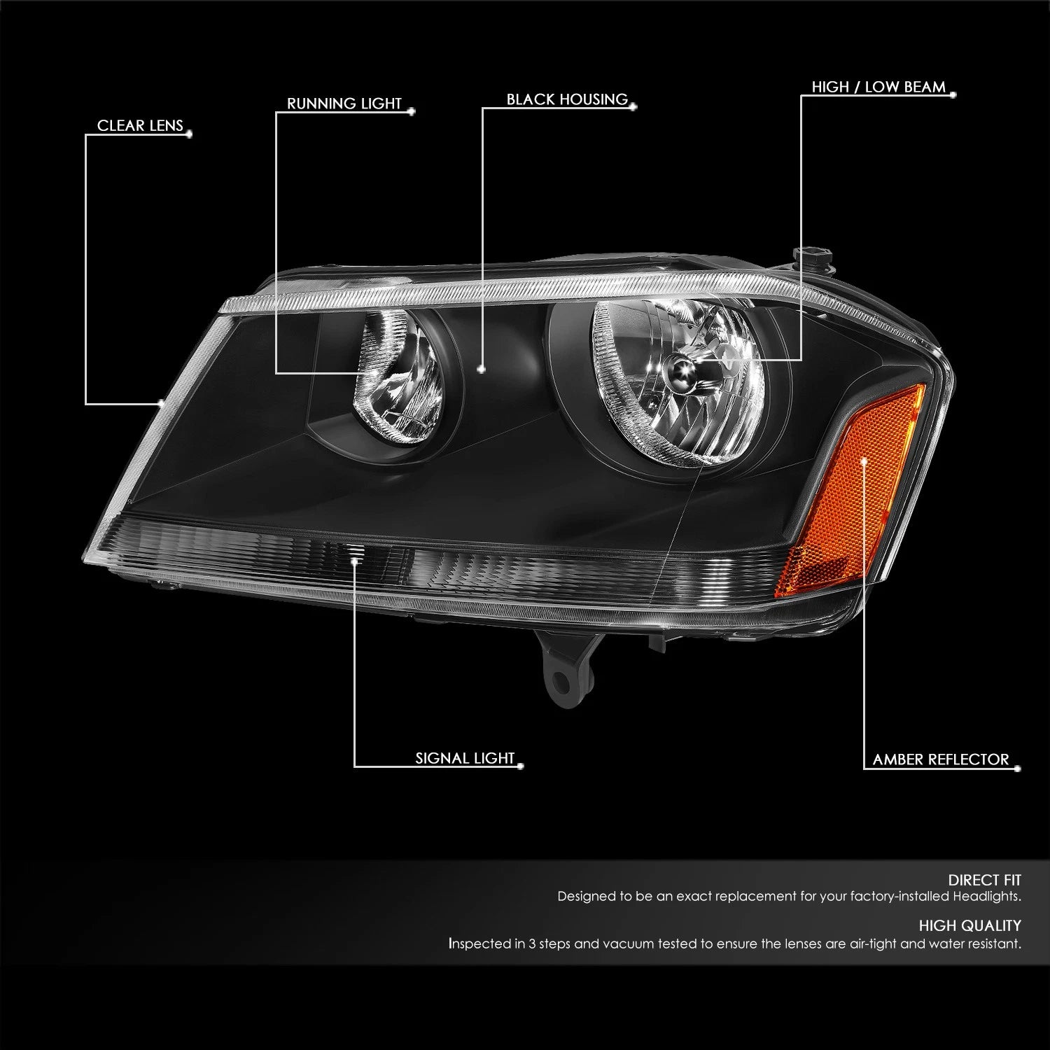 Factory Style Black Housing Amber Corner Headlights for Dodge Avenger (2008–2014)