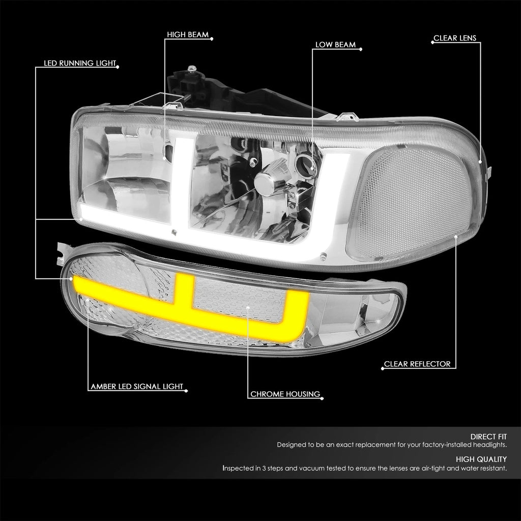 LED DRL Headlights Pair for GMC Sierra Yukon Denali (2001–2007) Chrome