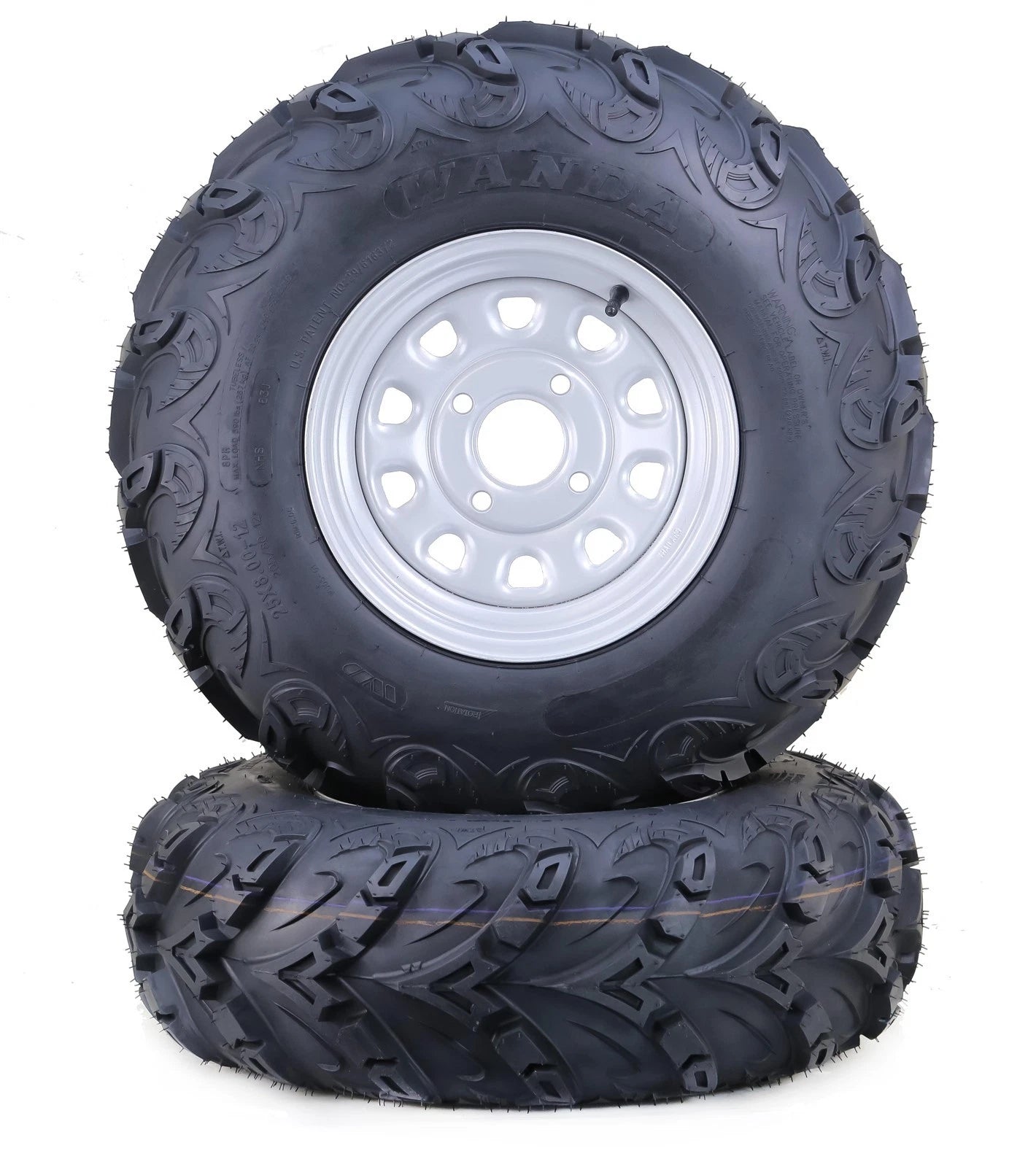 Set of 2 WANDA ATV Tire & Wheel 24x8-12 Mud Sling 4-110 PCD 5+2 Silver