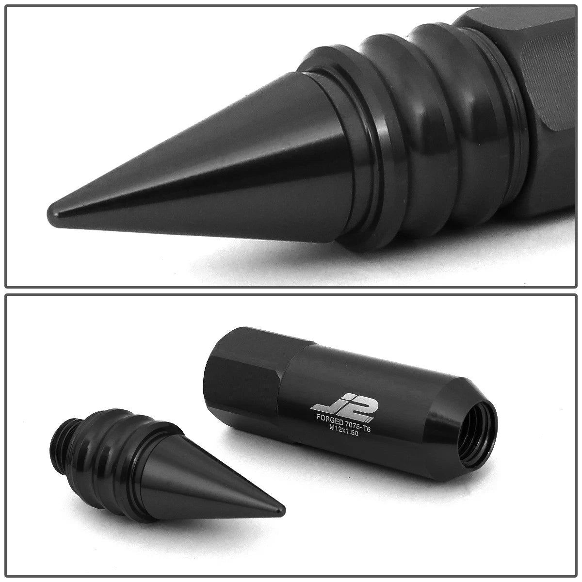 Set of 20 J2 7075 Forged Aluminum M12x1.5 Spiky Cap Lug Nuts w/Adapter Black