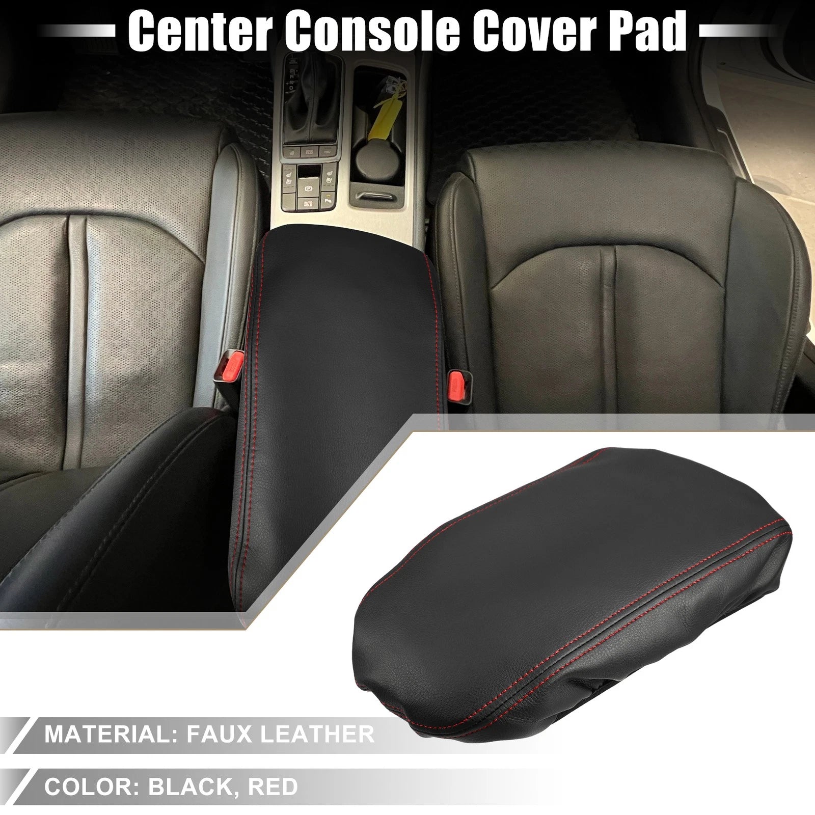Center Console Seat Armrest Cover for Kia Optima (2016–2020) Black Red Stitches