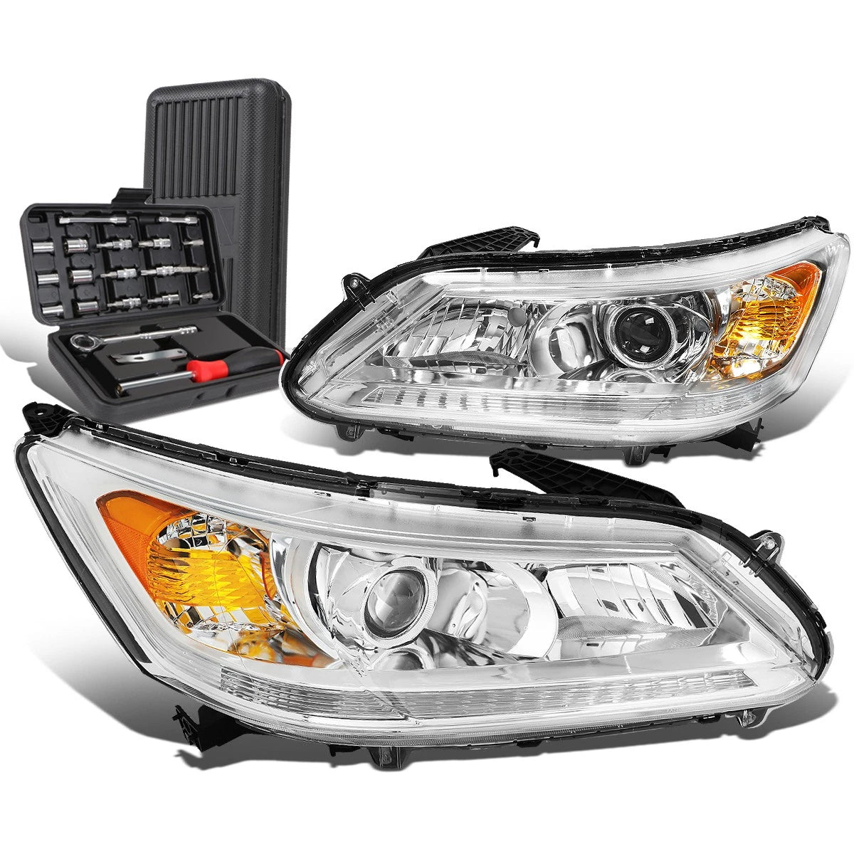 Pair of Chrome Amber Signal Projector Headlights for Honda Accord Sedan (2013–2015)