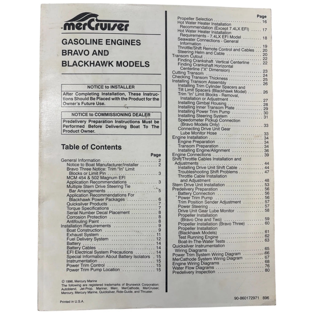 MerCruiser Installation Manual for Bravo Blackhawk Gasoline Engine (90-860172971)