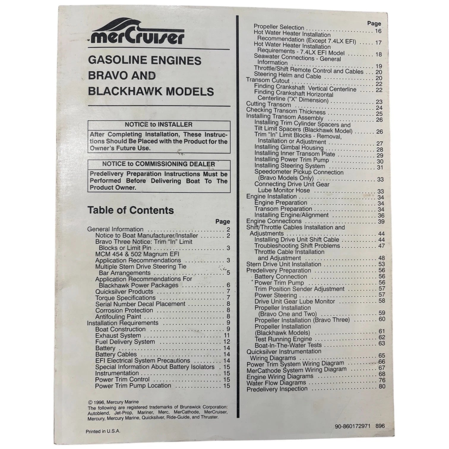 MerCruiser Installation Manual for Bravo Blackhawk Gasoline Engine (90-860172971)
