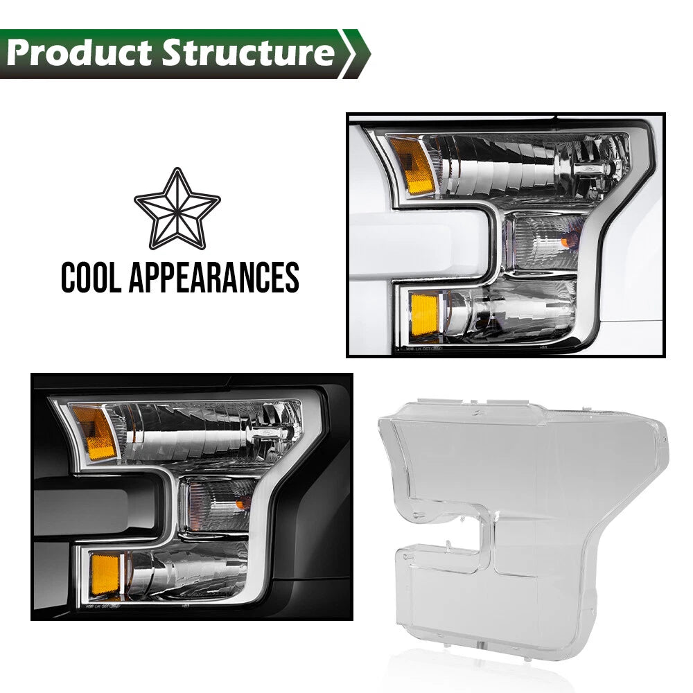 Set of 2 Headlight Replacement Lenses for Ford F-150 (2015–2017)
