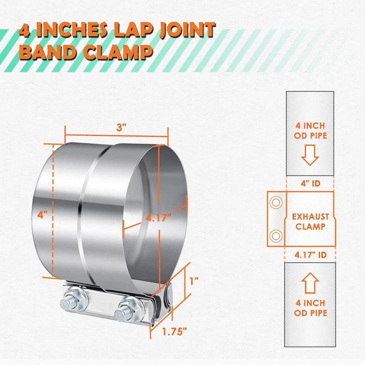 2X 4" Stainless Steel Catback Exhaust Lap Joint Band Seal Clamps for