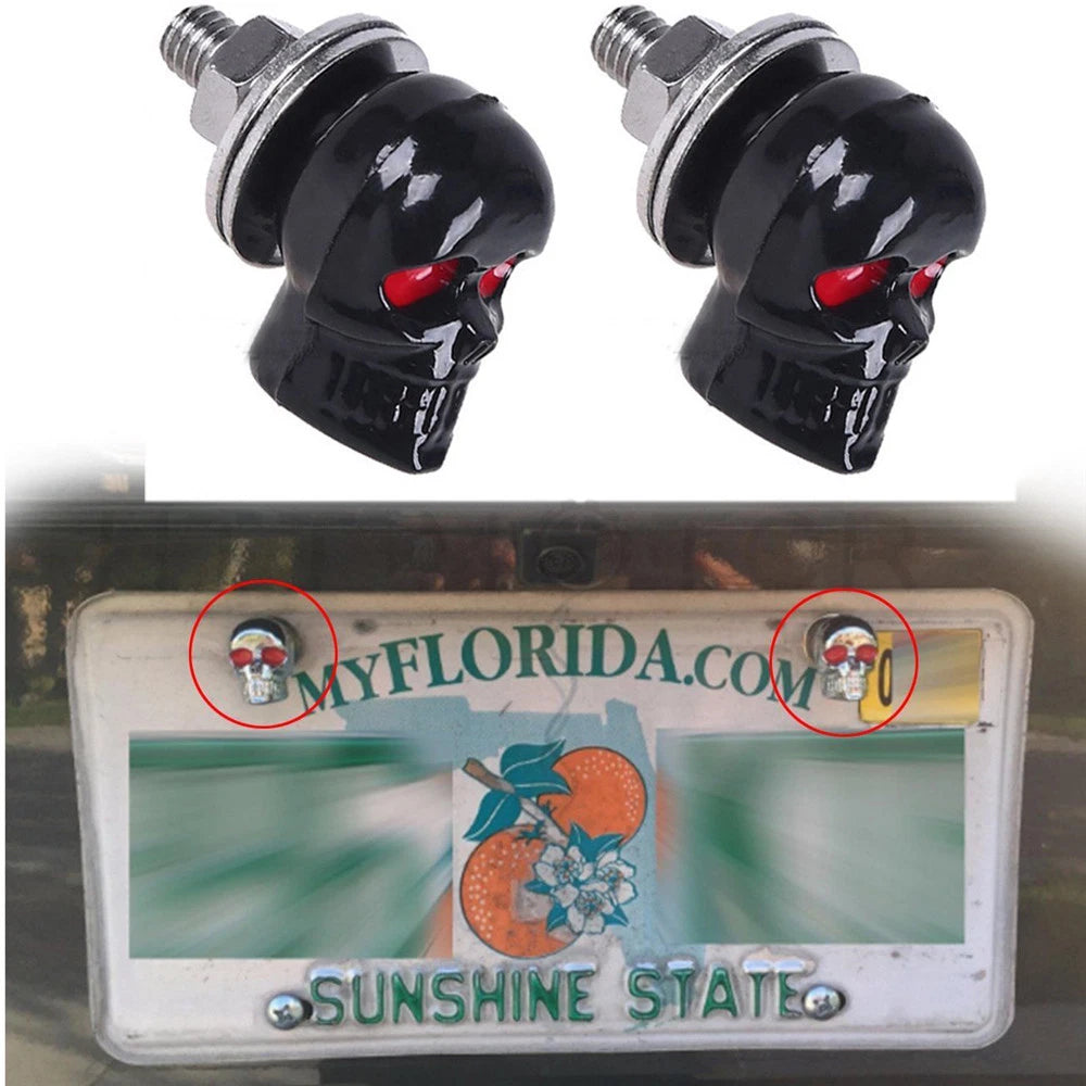2X Skull Black Motorcycle License Plate Frame Bolts Screws Red Eye