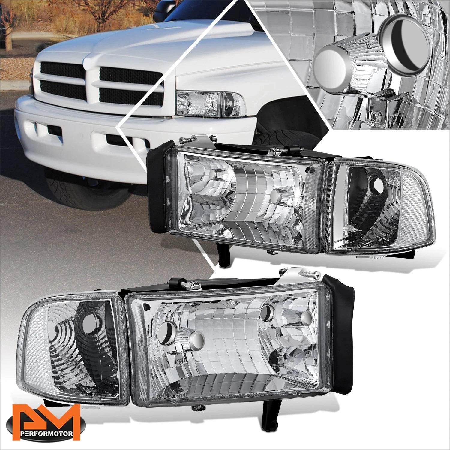 Chrome Housing Headlight Clear Corner Signal Lamps for Dodge Ram 1500-3500 (1994–2002)