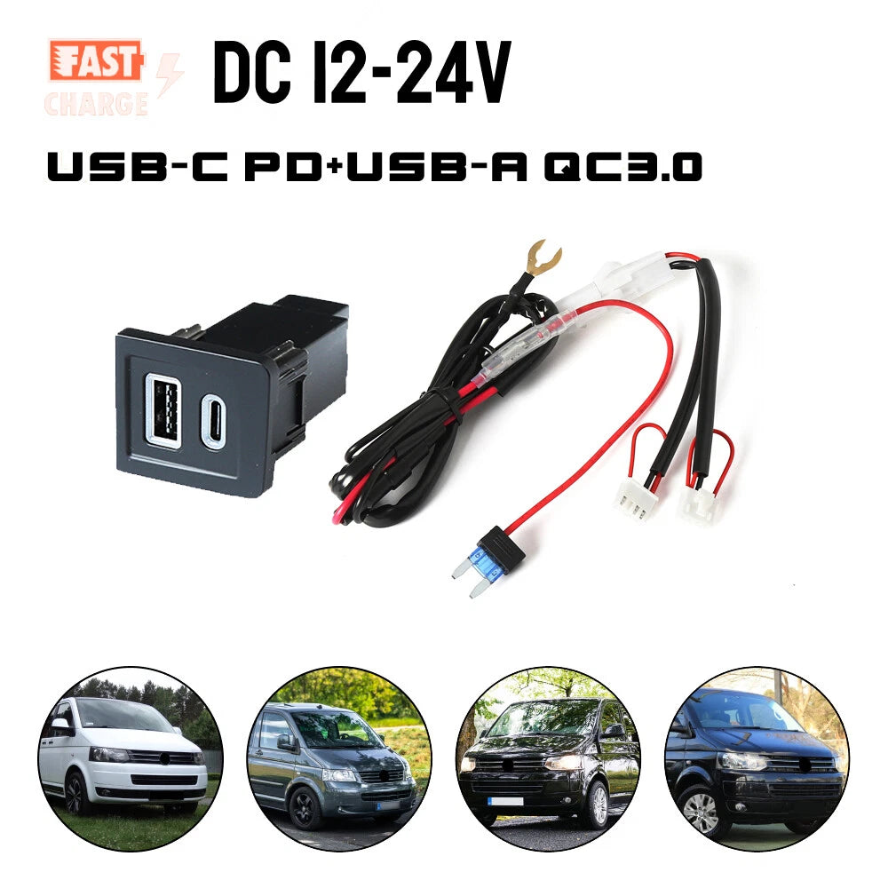 2 Port USB-C PD + USB-A QC Fast Charger Kit for VW Multivan T5 (2008–2015)