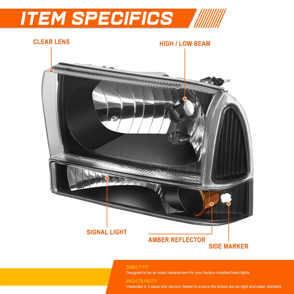 Headlight Lamps for Ford F250/F350 Super Duty (1994–2004) Black Housing Amber Corner