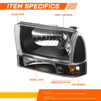 Headlight Lamps for Ford F250/F350 Super Duty (1994–2004) Black Housing Amber Corner