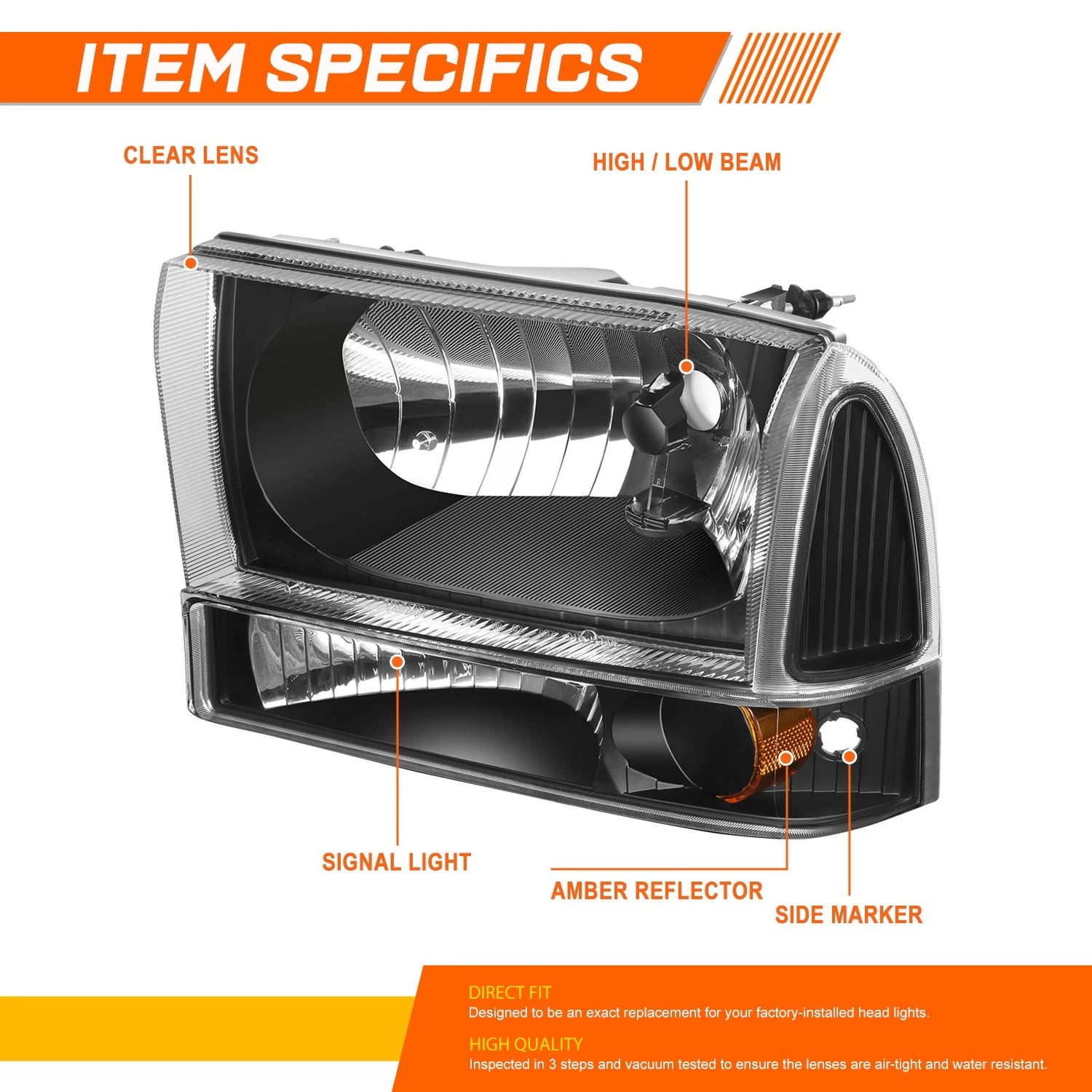 Headlight Lamps for Ford F250/F350 Super Duty (1994–2004) Black Housing Amber Corner