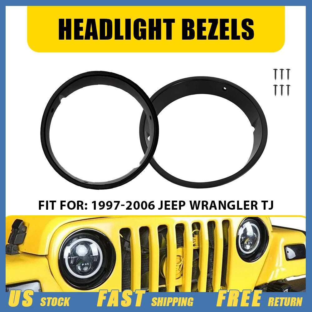 2Pcs Headlight Cover Bezels Gloss Black for Jeep Wrangler TJ (1997–2006)