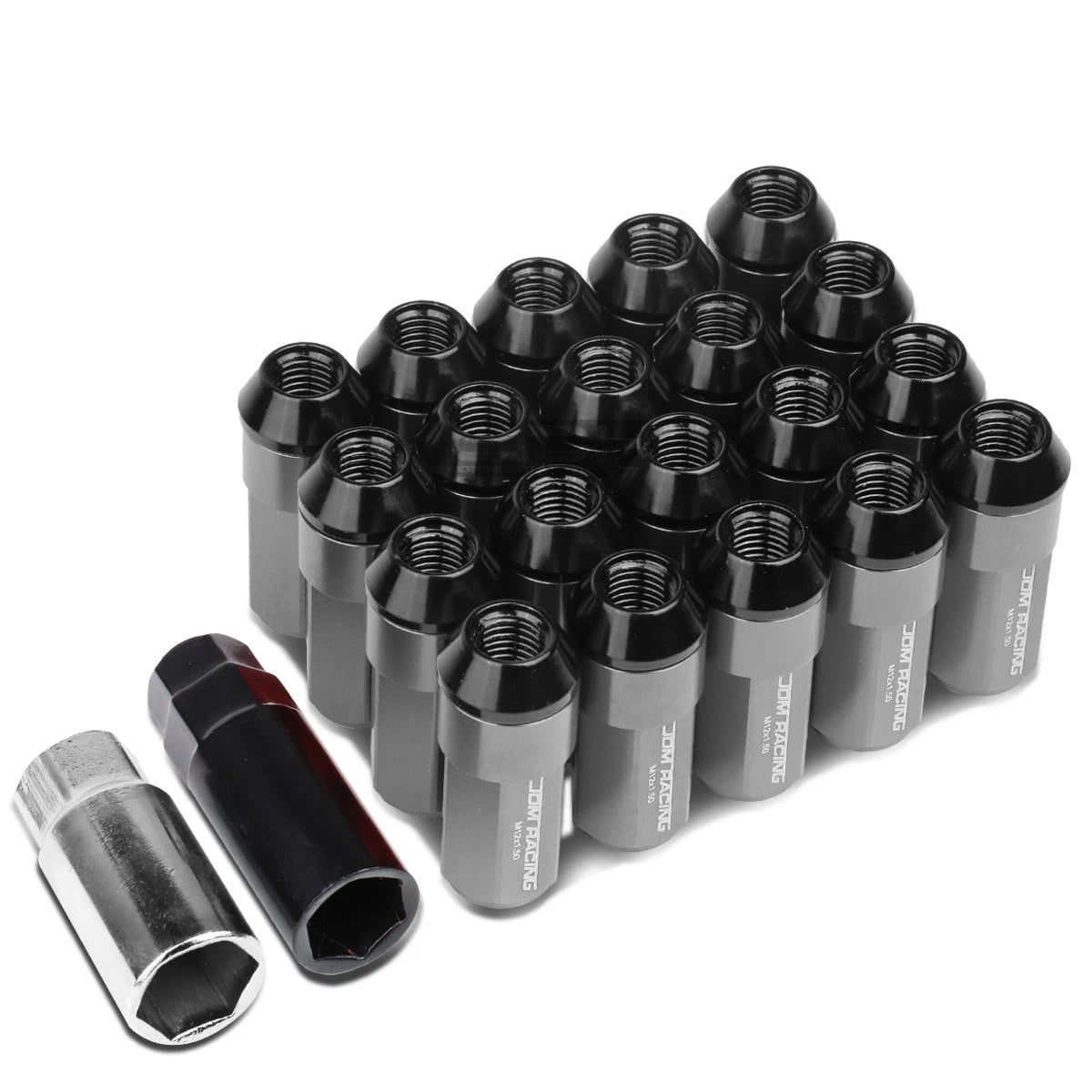 Set of 20 M12X1.5 53mm Tall Gun Metal Aluminum Lug Nuts with Caps