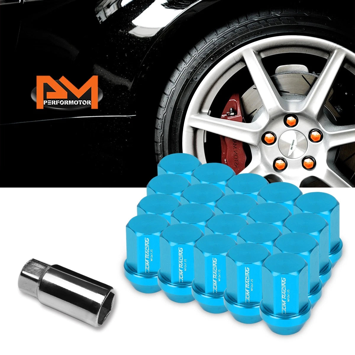 20Pc M12X1.25 Sky Blue JDM Closed End Acorn Wheel Lug Nuts + Extension 25mmx35mm