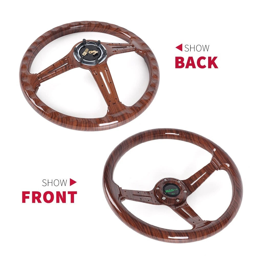 14" Racing Steering Wheel for Universal Fit (6 Bolt) Dark Wood Grain